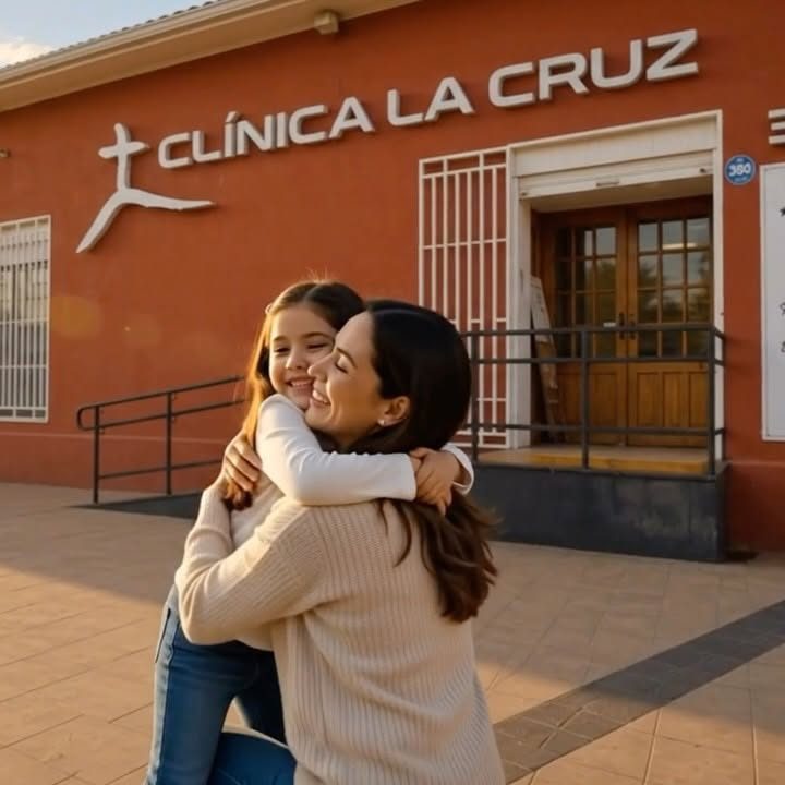 Una niña abraza a su mamá frente a la clínica